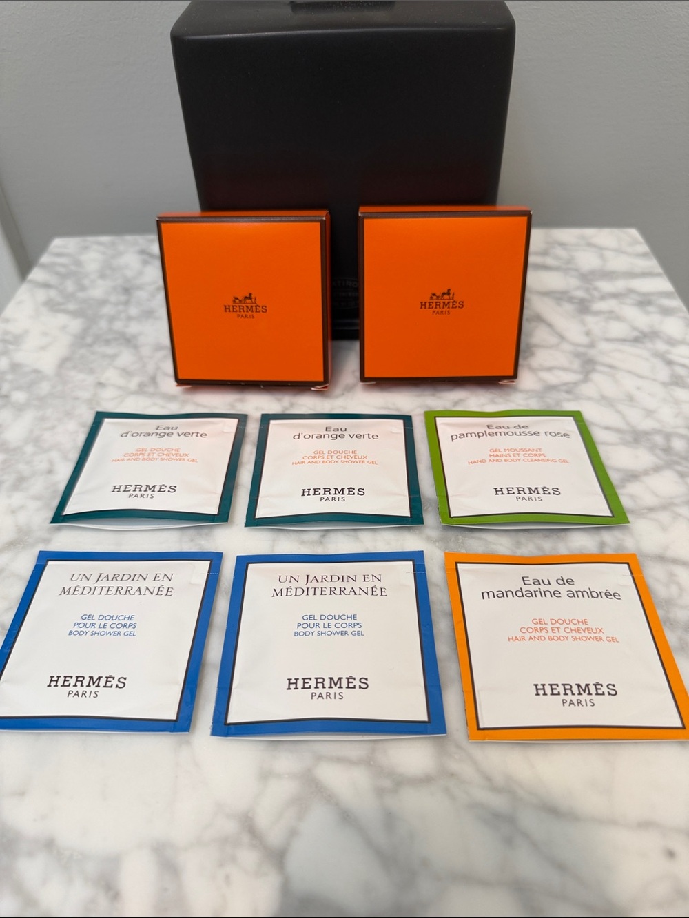 Hermès Shower Gel Sample Sachets in Green, Blue, Orange